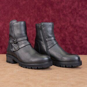 La Canadienne Women Carly Black Leather Strap Moto Biker Ankle Boots sz 11